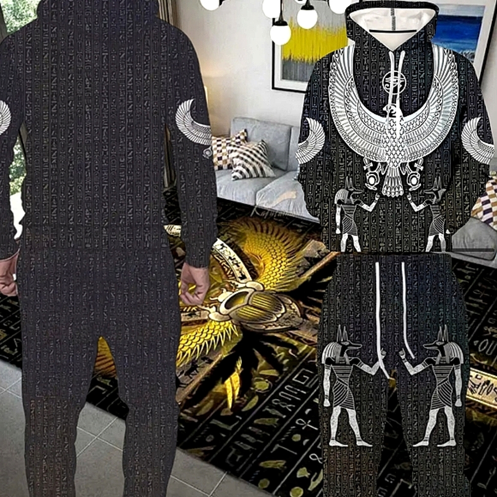 Plus Size Men's Premium "EgyptianWings" Print Hooded Sweatshirt & Pants Set.